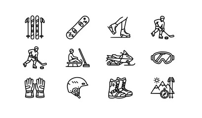 Unique black and white winter sports flat vector icon set with skiing and snowboarding symbols © MdSajedurRahman