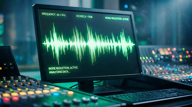 Audio waveform display on computer screen with noise reduction analysis active