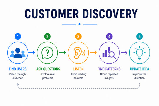 This image illustrates a customer discovery process with five steps: finding the right audience, asking questions to explore problems, listening and grouping answers, identifying patterns, and updatin