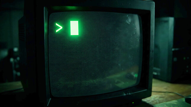 Vintage CRT television displaying green command prompt in dim room