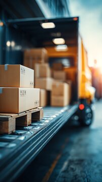 A delivery truck unloads cardboard boxes onto pallets in a warehouse loading bay area.