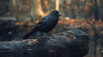 Naklejka premium Black bird perched on charred log in forest