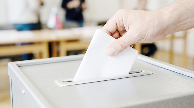 Person casting a vote into a white ballot box