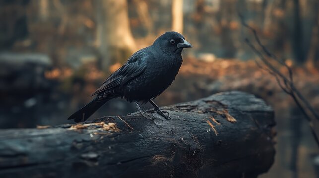 Black bird perched on charred log in forest