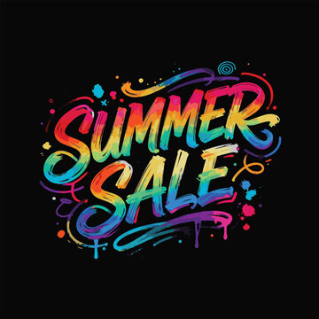 Abstract graffiti vector featuring colorful brush lettering of Summer Sale against a black background, filled with energetic paint textures and artistic urban vibes.