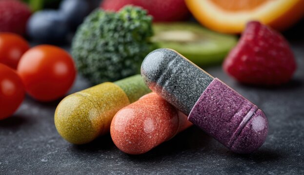 Multivitamin tabled pills with colorful rounded shapes, textured surfaces, and glossy finishes