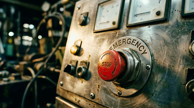 Close-up of an emergency stop button on an old industrial machine