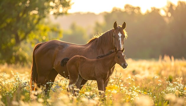 Brown horse and foal in field.