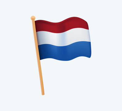 Official national flag of the Netherlands waving on pole. 3D vector illustration of the Dutch tricolor with red, white and blue stripes. Netherlands flag, perfect for travel, patriotism, government
