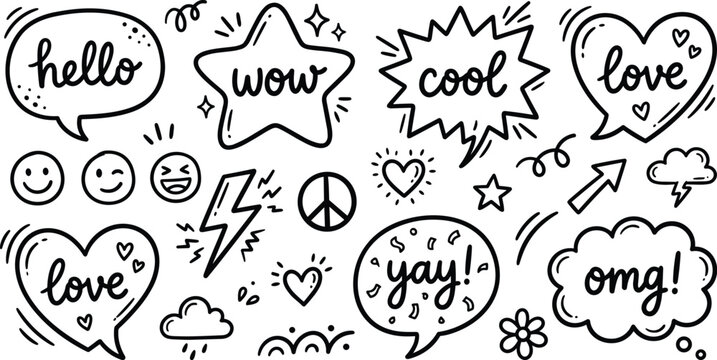 Hand-Drawn Speech Bubbles and Emoji Vector Set with Hello, Wow, Cool, Love, and OMG Expressions for Comic, Chat, and Digital Illustration Designs