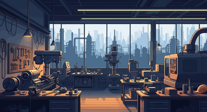 Industrial Workshop Interior with Machinery.