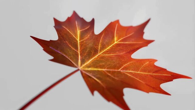Vibrant red maple leaf with yellow veins against gray background