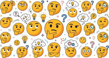 Thinking Face Emoji Icon Set with Confused Emoticons Question Marks Magnifying Glasses and Creative Thought Clouds Vector Illustration for Strategy Brainstorming Concept © MdMoklesur