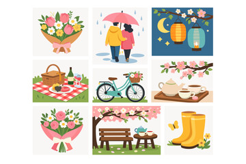 Fototapeta premium Spring moments with flowers, picnics, bicycles, and couples enjoying rain under an umbrella
