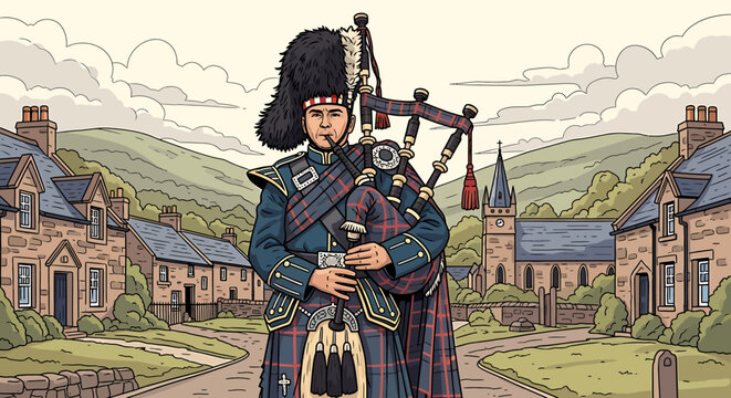 Man in kilt playing bagpipes outdoors.