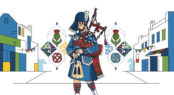 Man in traditional Scottish kilt playing.
