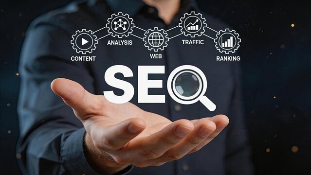 SEO search engine optimization strategy with gears mechanism, web traffic ranking analysis content marketing and digital growth concept.