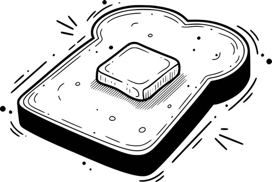 Black and white doodle of a slice of toast with butter food breakfast bread
