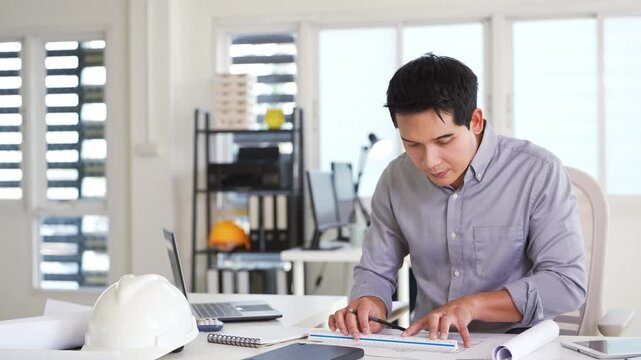 Professional construction engineer checking details on blueprint in construction site office.