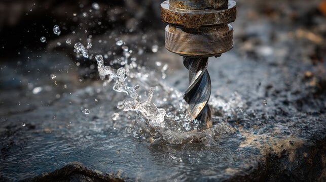 Close-up of drill bit cutting into rock with water spray during well pump installation and drilling extraction operation.