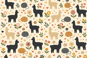 Fototapeta premium Cute llamas and yarn pattern with flowers and hearts on a light background suitable for fabric or craft projects