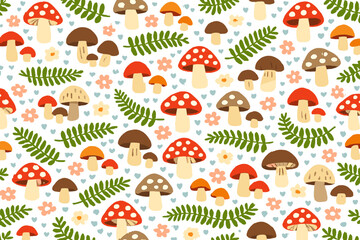 Obraz premium Colorful assortment of mushrooms and ferns on a white background with small flowers