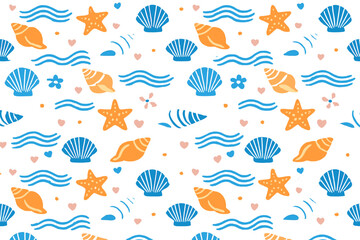 Obraz premium Colorful pattern of sea shells, stars, and waves on a white background creates a lively ocean theme for various uses