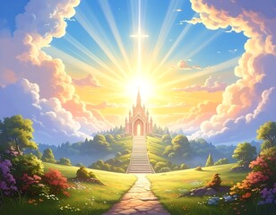 Fototapeta premium Fantasy castle pathway to heaven gate.