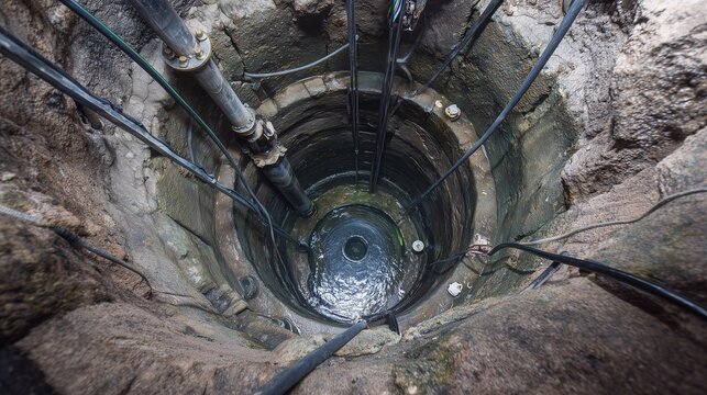 View down a deep stone well showing pump pipe, cable, and repair access for well pump maintenance and troubleshooting.