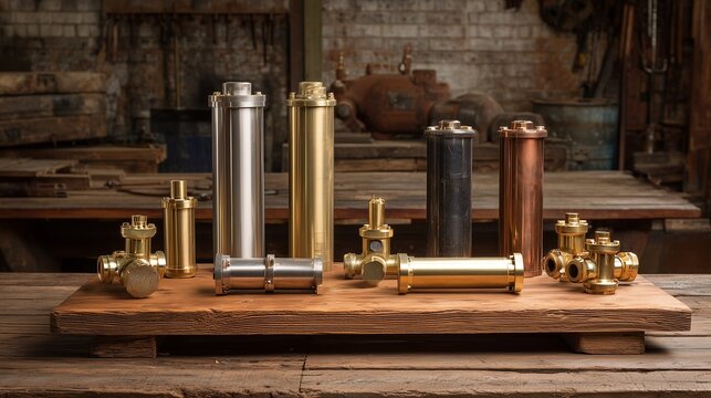 Stainless steel submersible pump and plumbing accessory display on wooden workbench conveying industrial-grade water handling and installation readiness.