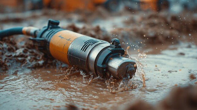 Submersible well pump lying in muddy water being serviced, conveying repair, maintenance, and troubleshooting of a groundwater pump.