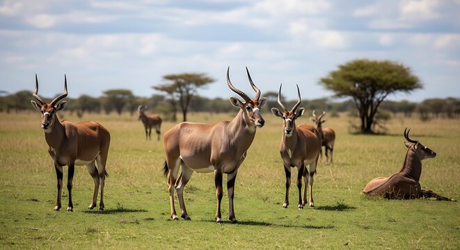 Herd of antelopes grazing in african savanna under a bright cloudy sky
