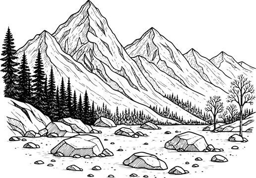 Mountain landscape with pine trees and rocky shoreline, black and white line nature