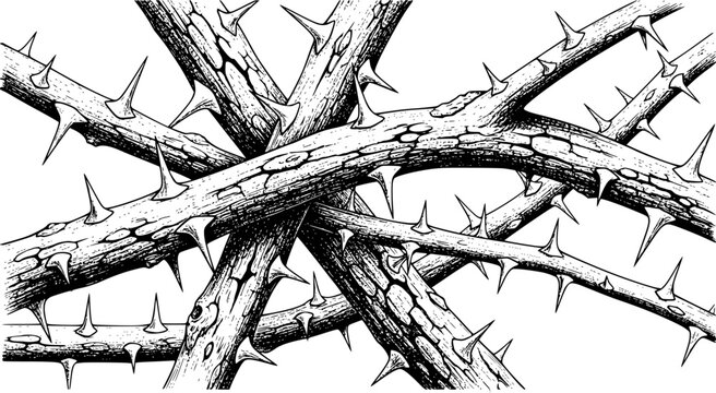 Tangled black and white of thorny branches with sharp spikes thorns