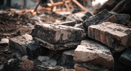 Fototapeta premium Pile of broken concrete and bricks with rough, uneven textures and grayish-brown colors on the ground