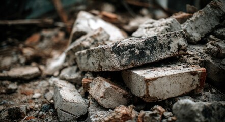 Fototapeta premium Pile of crushed concrete and brick debris on ground showing rough texture and fragmented appearance