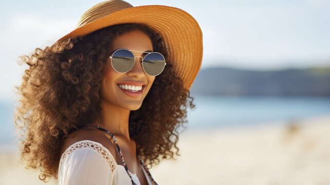 Cheerful mixed race woman with curly hair wearing sun hat on beach.
