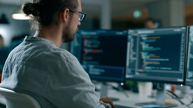 Software developer working with code on multiple monitors in modern office, programming and AI operations concept for technology and cybersecurity industry
