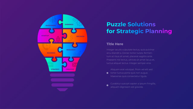 Eight Piece Puzzle Light Bulb Idea Diagram on Dark Background