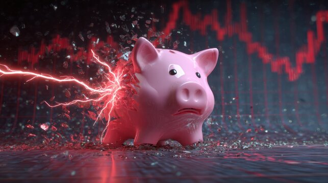 Pink ceramic piggy bank shattered by a powerful lightning strike creating sparks and dramatic effect