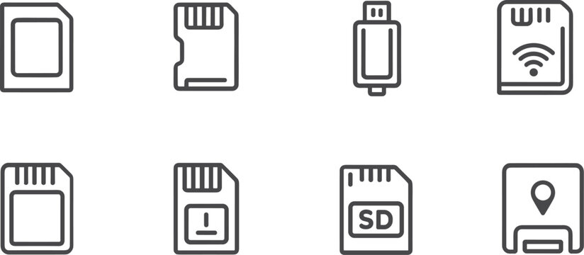 Memory card and storage device icons, digital data technology symbols for electronic hardware design project