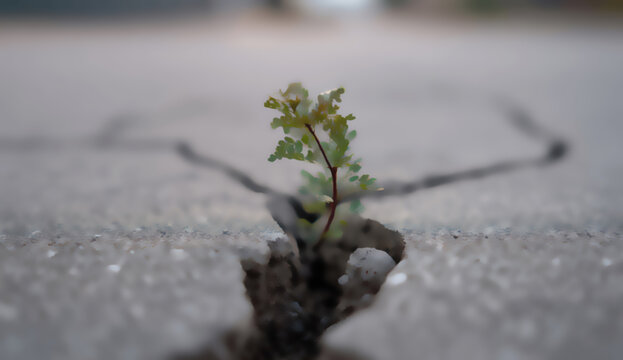 Tiny plant emerges from a crack in weathered concrete, symbolizing resilience