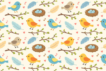 Obraz premium Colorful birds and nests fill the background with nature elements in a playful and cheerful design during spring