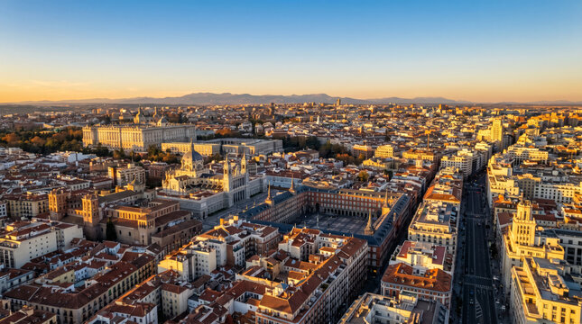 Panoramic aerial view of Madrid city center at sunrise with golden light illuminating buildings and streets.