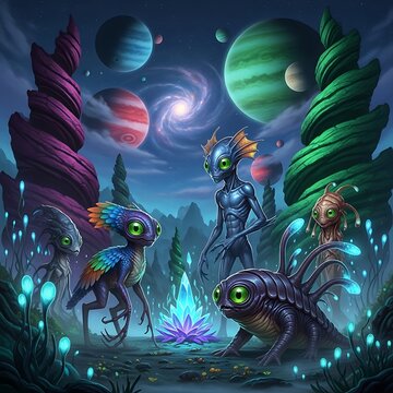 Alien creatures gather in a mystical bioluminescent forest under a starry sky with alien planets.