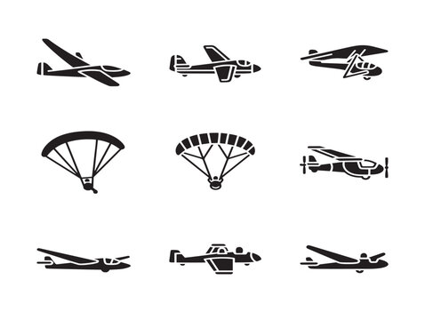 Vector set of aircraft and parachute silhouettes in flat line art style