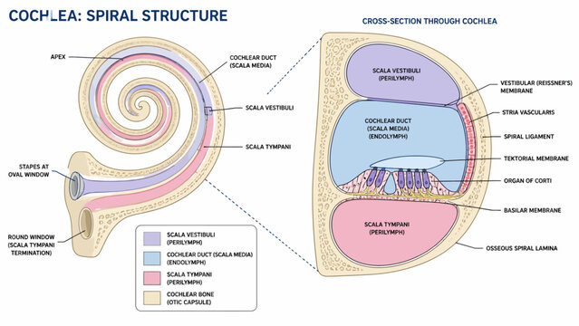 Detailed Diagram of the Cochleas Spiral Structure and Cross-Sectional Anatomy.