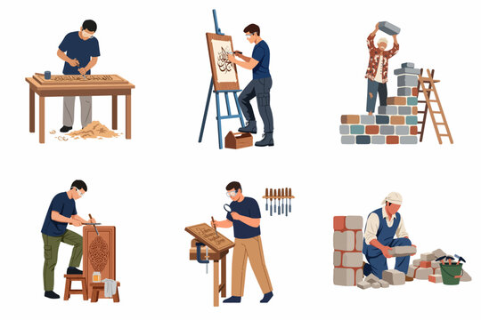 Illustrations of skilled craftsmen including woodcarvers, painters, and bricklayers engaged in traditional handiwork and artisanal trades