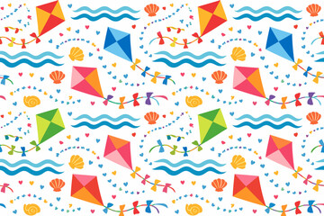 Obraz premium Colorful kites flying over the waves and shells on a bright background with playful patterns