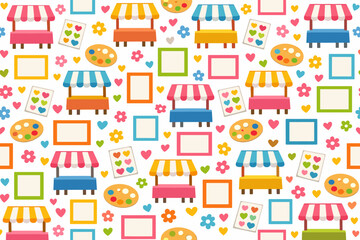 Fototapeta premium Colorful market stalls and patterns fill the space with bright shapes and playful designs for a festive atmosphere for all ages